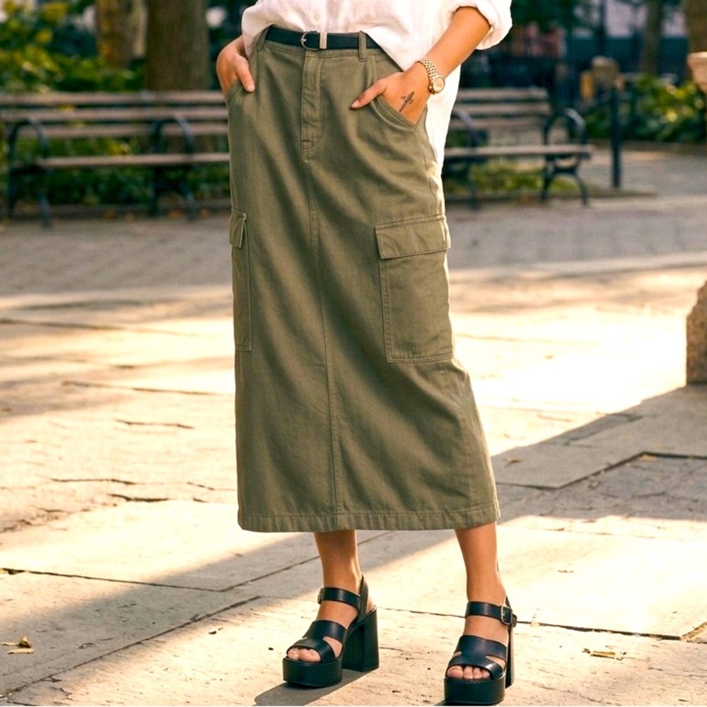 Reformation Maggi Cargo Midi Skirt Olive Green Organic Cotton Back Slit Size 28